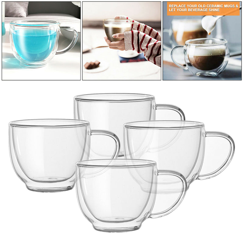 4pcs Double Wall Glass Coffee Mug Insulated Tea Cup With Handle 200ml Clear
