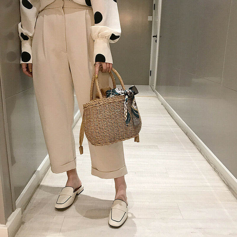 Retro Women Girls Hollow Straw Handbags Beach Handmade Woven Drawstring Totes