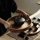 Round Serving Bamboo Wooden Tray for Dinner Trays Tea Bar Breakfast Food Co B3V6