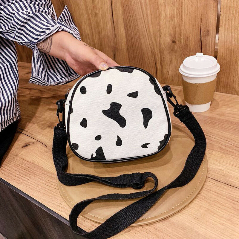 Casual Cow Printed Messenger Bag Women Canvas Small Round Shoulder Pouch