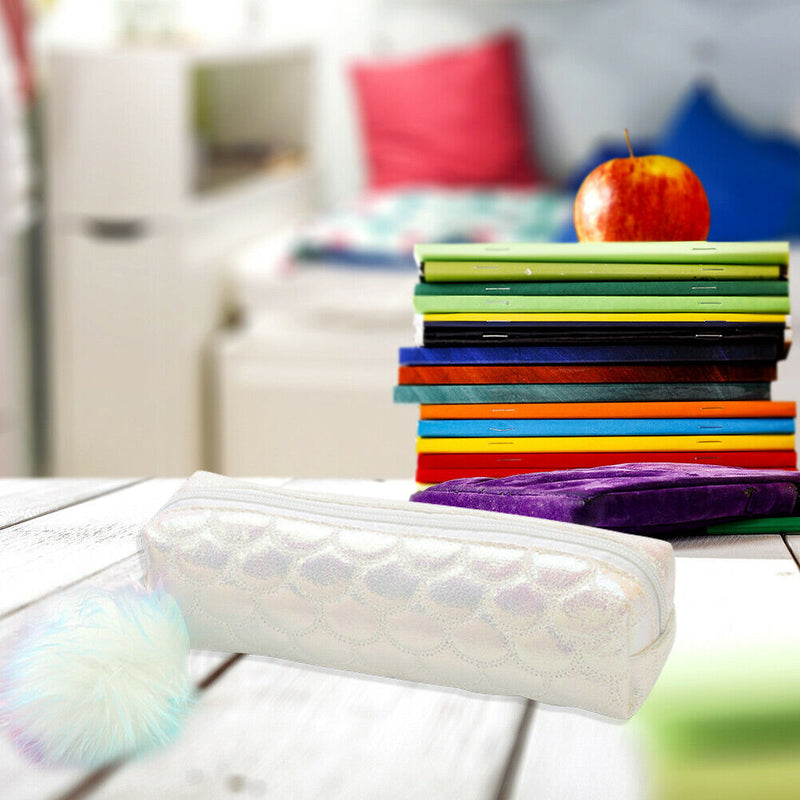 Fish Tail Sequin Pencil Case PU Pompom Pencil Bag School Stationery (White) A