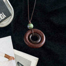Unisex Retro Double Circle Pendant Brown Wood Bead Pendant Rope Chain Neckl S9C2