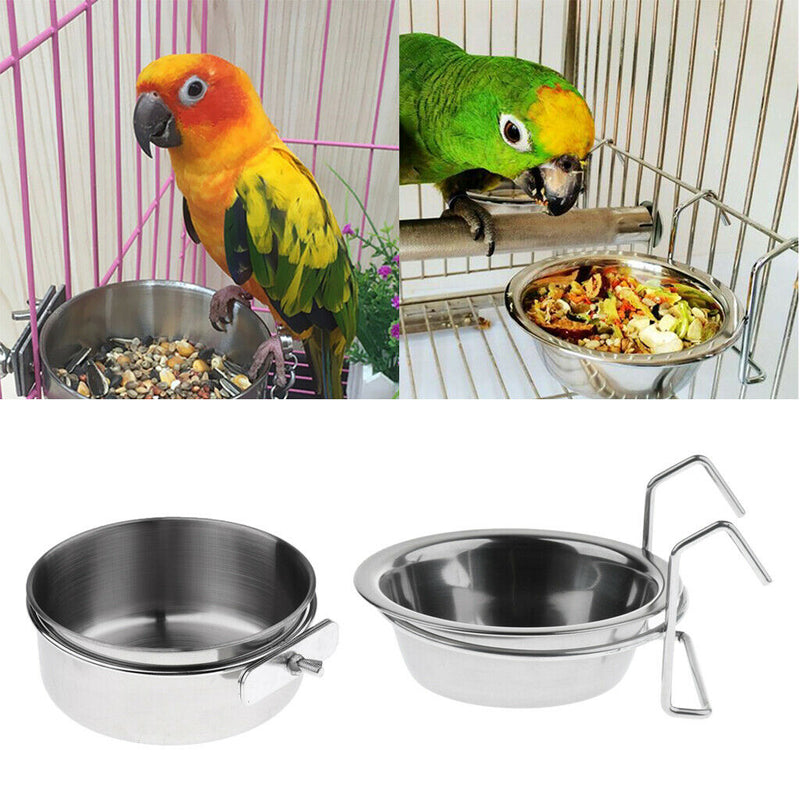 Set of 2, Pet Food Feeder Water Drinker Stainless Steel Coop Cup Hook on For