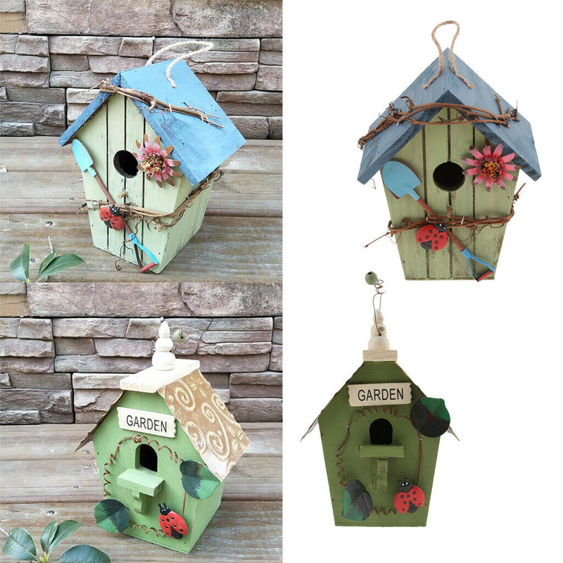 2 x Hand-painted Wooden Birdhouse with Jute Cord Home Outdoor Garden Decoration
