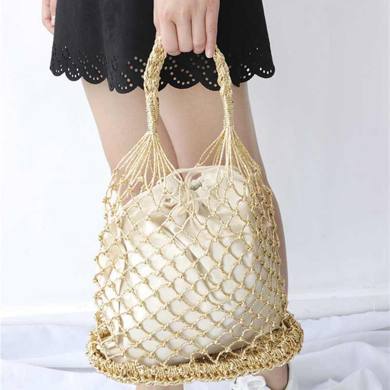 Bright Paper Ropes Hollow Woven Bag Straw Bag Female Reticulate Handbag Net M2I8