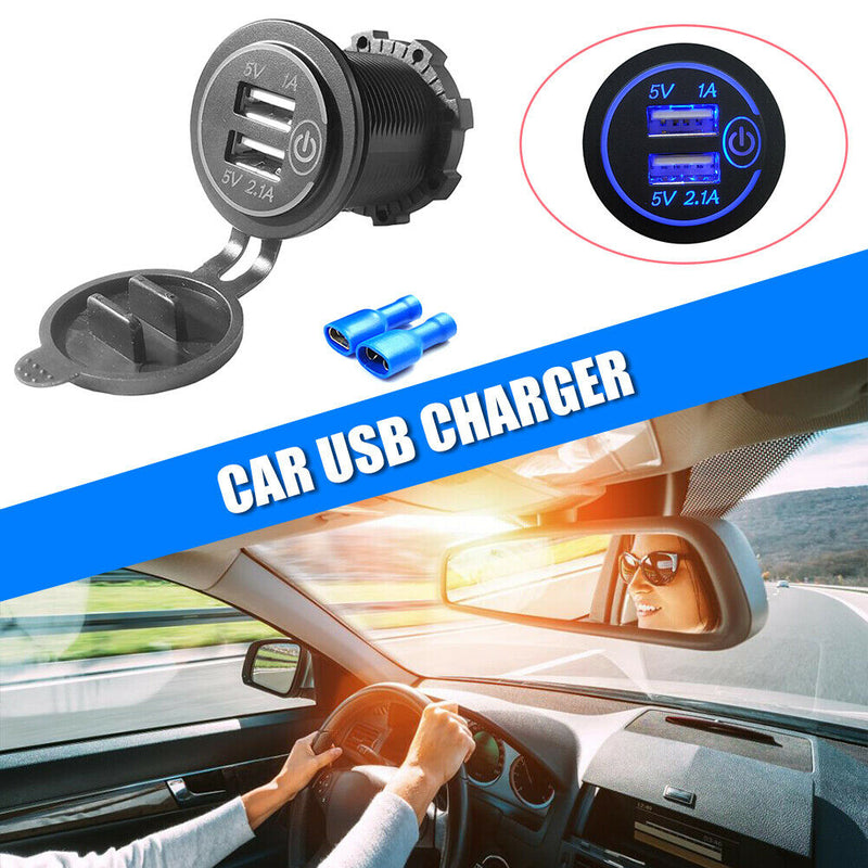 Motorcycle 3.1A Dual USB Charger Socket Outlet with Touch Switch + 2 Terminals