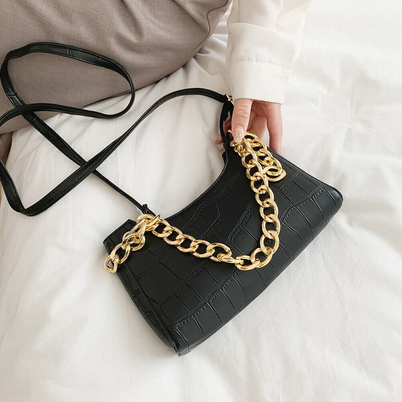 Women Stone Leather Shoulder Bags Elegant Chain Messenger Handbags (Black)