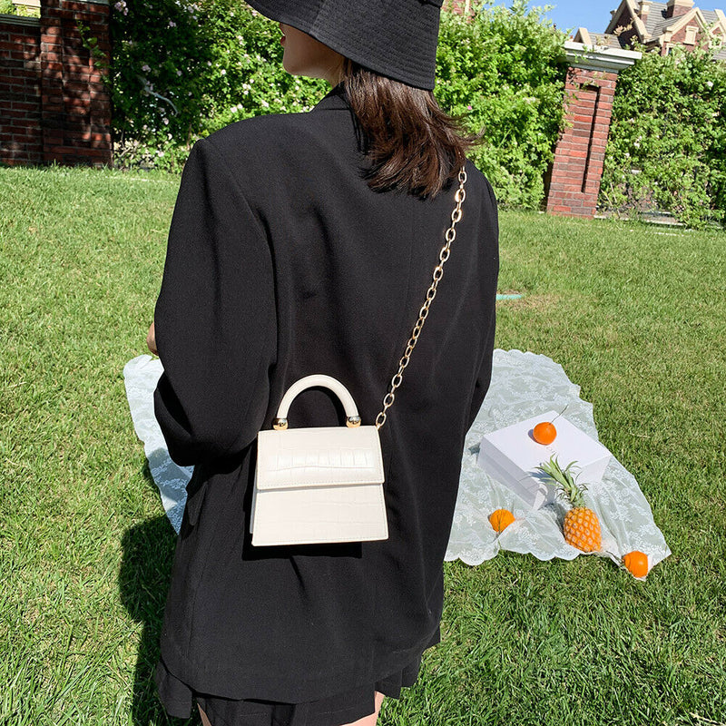Women Mini Shoulder Bag Alligator PU Tote Chain Crossbody Pouch (White)