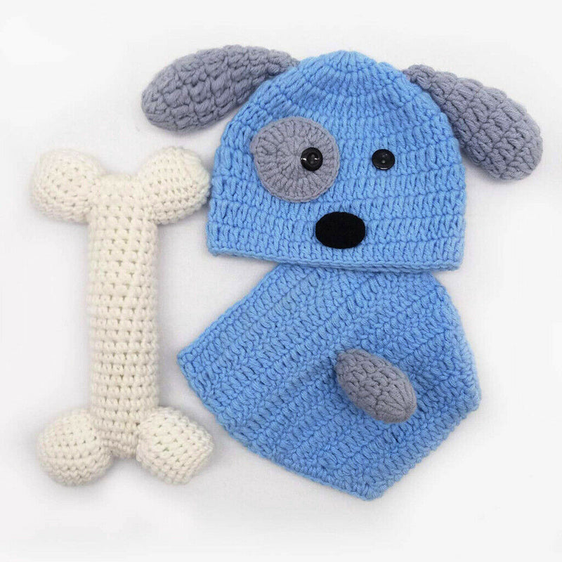 Cute Baby Hat Pants & Bone Set Crochet Knit Dog Costume Photo Photography Prop