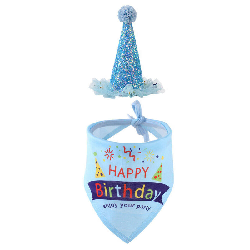 Pet Cat Dog Happy Birthday Headwear Hat Saliva Towel Party Costume (Blue)