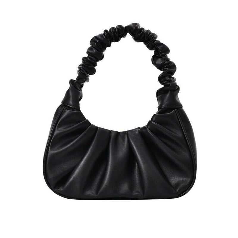 Elegant Pleated Handbag Women Leather Travel Totes Shoulder Bag (Black)