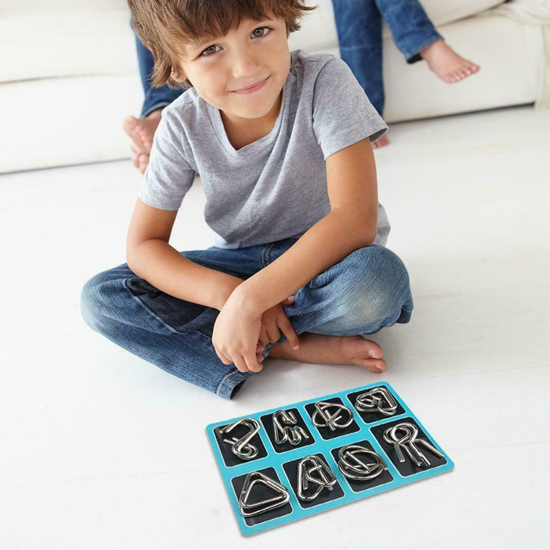 8pcs Stress Reliever Toys Blue Metal IQ Mind Montessori Brain Teaser Puzzle