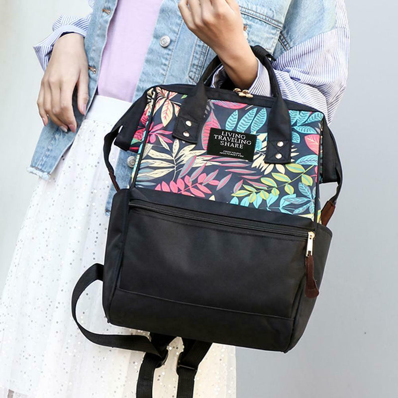 Tropical Plant Print Travel Big Backpacks Nylon Women School Bags (Black)