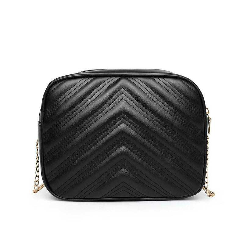 Women Simple Leather Crossbody Bag Chain Shoulder Messenger Handbag (Black) A