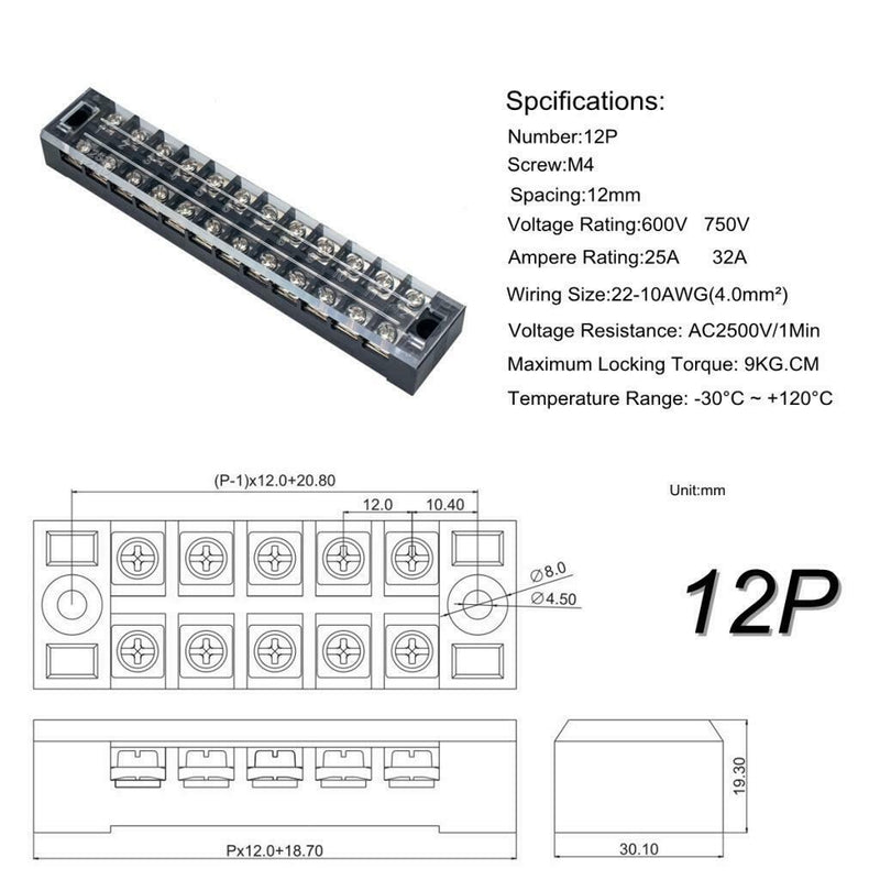 5Pcs Dual Row 12-Position Screw Terminal Electric Barrier Strip Block 25A 600V
