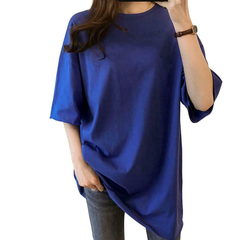 Summer Half Sleeve Long T-shirt Candy Color Loose Women Tops (Dark Blue XL)