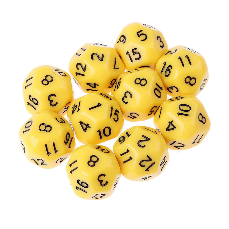 10pcs 16 Sided D16 14mm Acrylic Opaque Dice for Role Playing Game RPG Yellow