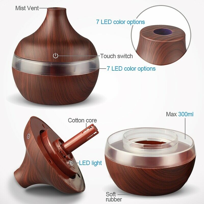 Usb 300Ml Aroma Humidifier Aromatherapy Wood Grain 7 Color Led Lights Elect O9X9