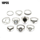 10Pcs/set Retro Women Geometric Crystal Gem Leaves Finger Knuckle Rings Jew C6D6