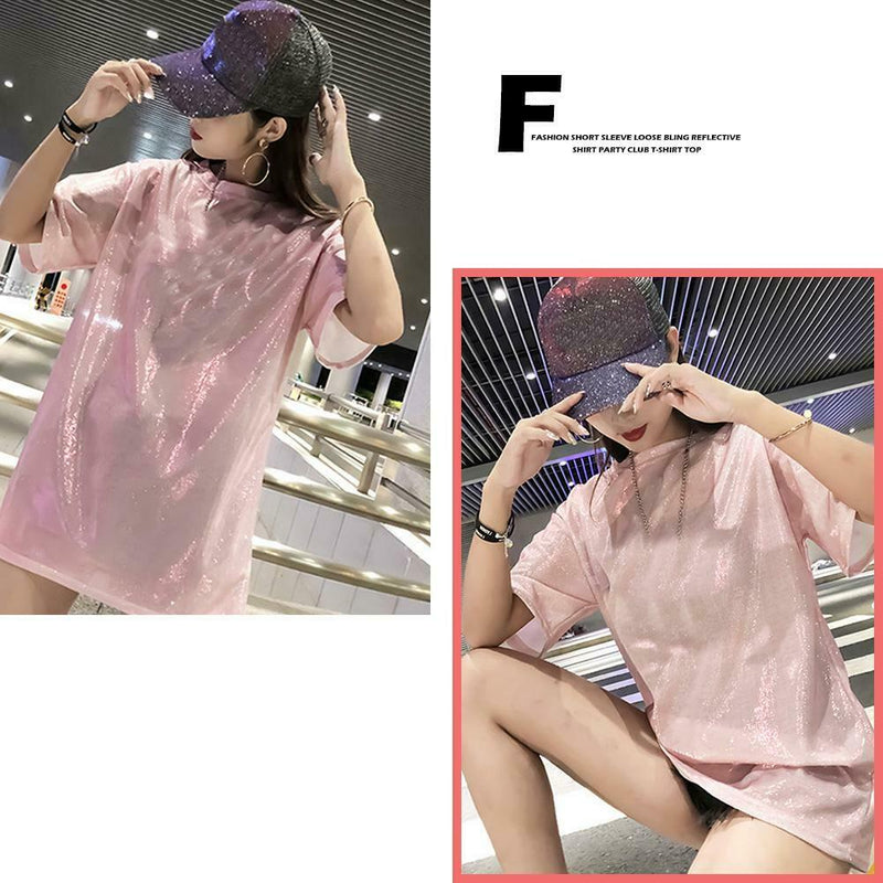 Fashion Women Bling Solid Short Sleeve Loose T-Shirts Long Tops (Pink XXL)