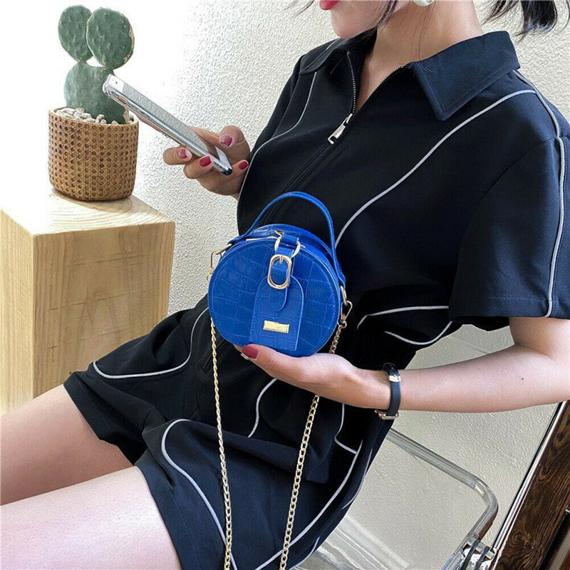 Mini Round Tote Shoulder Bag Women Leather Chain Messenger Purse (3 Blue) A