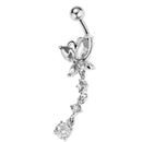 Crystal Butterfly Dangle Ball Barbell Bar Belly Button Navel Ring White
