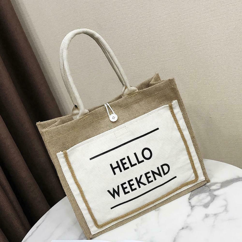Women Linen Tote Casual Shoulder Bags Fashion Lady Print Handbags (White L) A