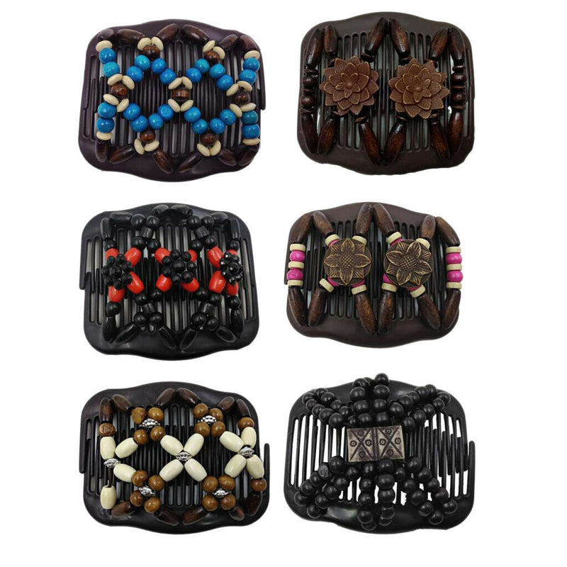 6Pcs  Wood Beads Double Hair Comb Clip Stretchy Hair Combs Ladies Party