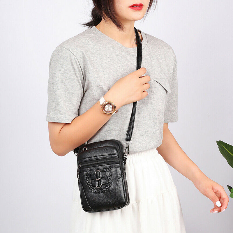 Women Soft PU Messenger Bag Multi-layer Shoulder Zipper Phone Pouch (Black)