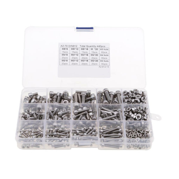 440pcs M3 M4 M5 Stainless Steel Hex Socket Head Cap Screws Nut Kit+Box