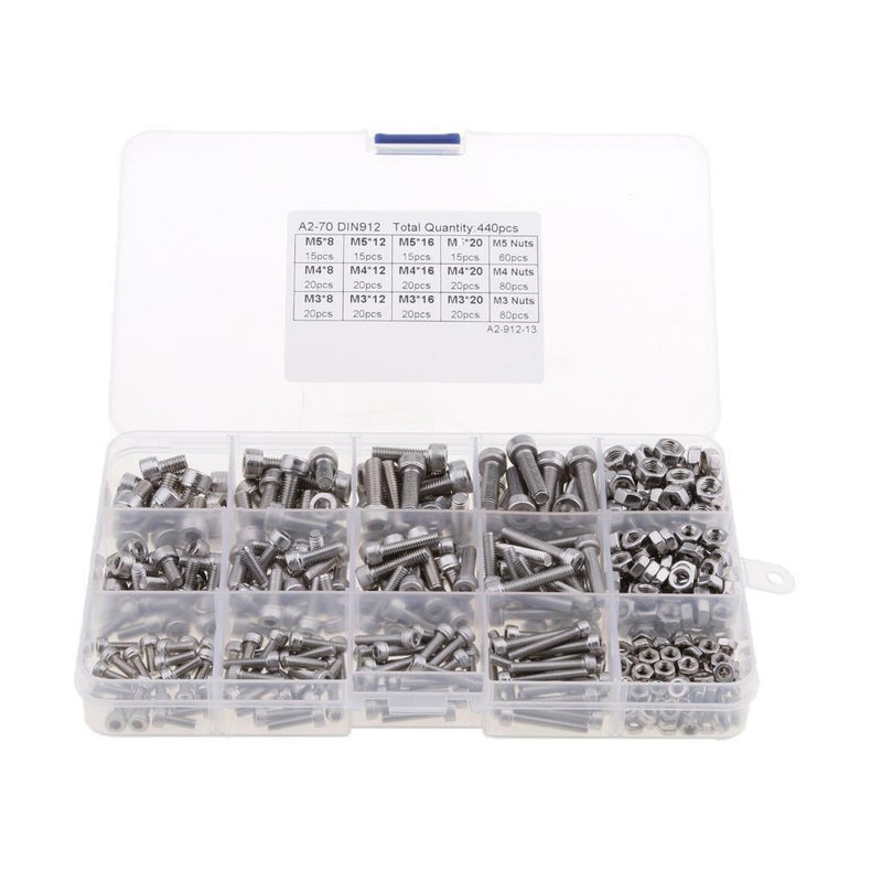 440pcs M3 M4 M5 Stainless Steel Hex Socket Head Cap Screws Nut Kit+Box