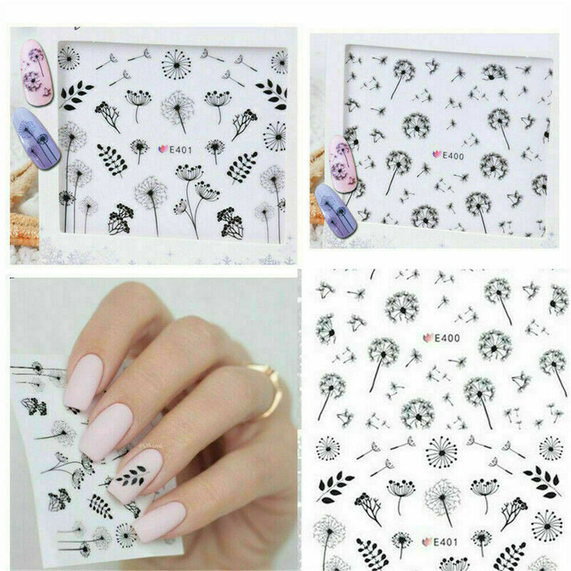 2X Nail Art Water Transfers Decals Stickers Black Dandelions Floral Gel Polish