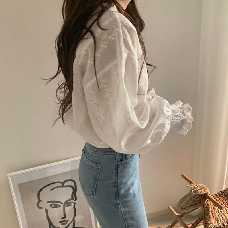 Women Blouse Puff Sleeved White Lace Long Sleeve Shirt Casual Loose Ruffle To Kw