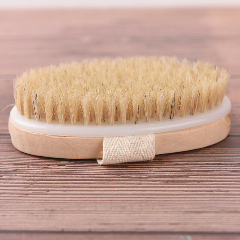 Bath body brush boar bristles exfoliating body massager with long wooden hanJ 3C