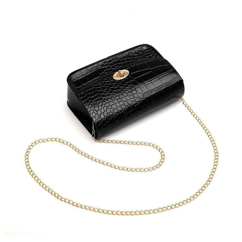 Crocodile Leather Messenger Bag Women Retro Purse Shoulder Handbag (Black)