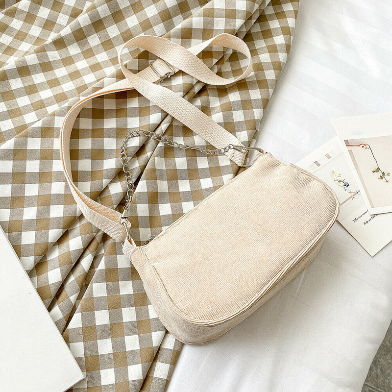 Fashion Corduroy Crossbody Bag Women Solid Chain Shoulder Handbags (Khaki)
