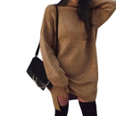 Solid Color Sweater Dress Women High Neck Long Sleeve Dresses (Coffee L)