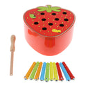 Wooden Fishing Game Set, with Strawberry Base, Rod and Caterpillar Worms, Magnet
