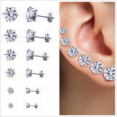 Stainless Steel Round Women Stud Earrings Cubic Zirconia Inlaid 3mm-8mm-6 PairTO