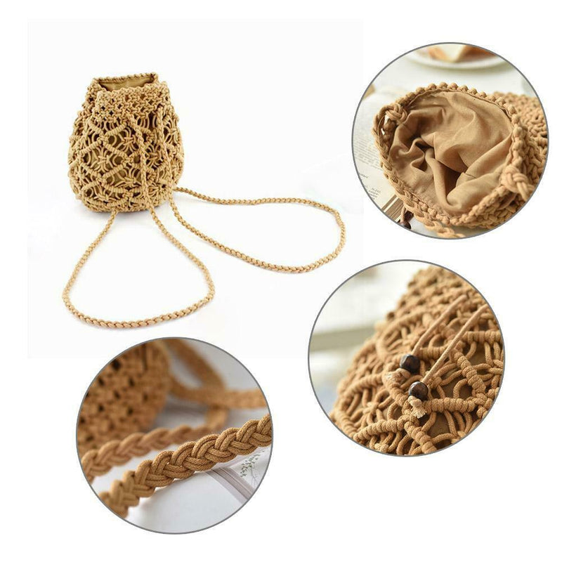 Woven Shoulder Drawstring Bucket Handbags Women Crossbody Bag (Light Brown)