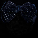 Dotted Bow Barrette Hair Clip Bun Cover Dark Blue White w Net Snood E9I4