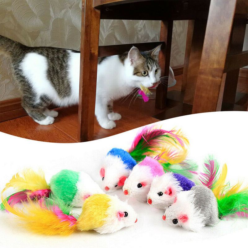 2PCS Cute Pet Cat Toys Faux Furry Mouse With Feather Tail Kitten Catching Toys