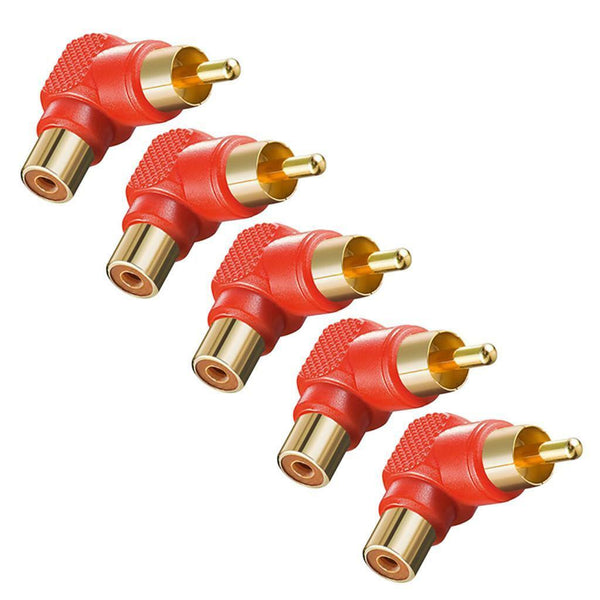 Red 5Pcs 90 Deg/Right Angle RCA Male to Female AV Adapters Cable Connector