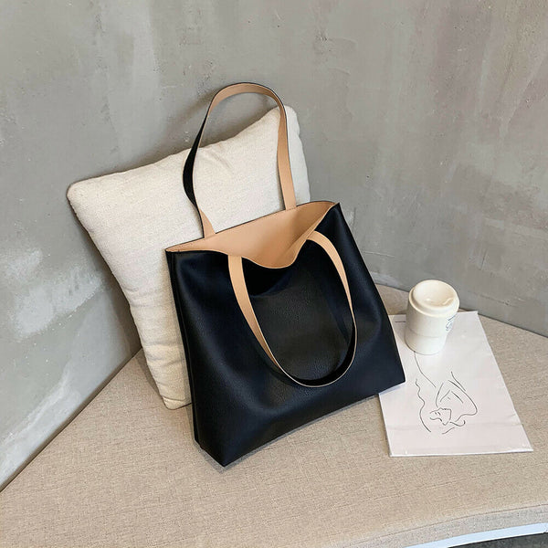 Fashion PU Handbag Women Totes Simple Large Capacity Shoulder Bag (Black)