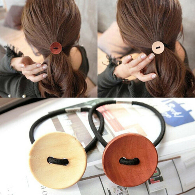 3pcs Women Simple Wood Elastic Hair Tie Rope Band Ponytail Holder Buttons  Z