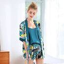 Women Satin Pajamas Faux Silk Silky Pajama Set Elegant Robe 3pcs Suspender  H8C7