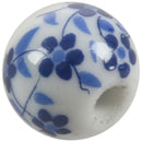 30x Flower Pattern Round Ceramic Beads 12mm(4/8inch) Dia. White+Blue