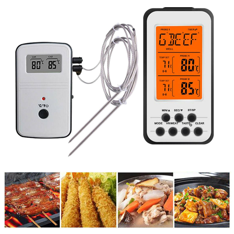 Instant Read Wireless Digital BBQ Meat Thermometer w/ Dual Probes Time Alarm
