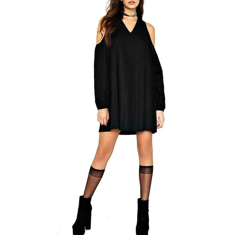 Summer Chiffon Fashion V-neck Women Dress Cold Sleeves Solid Dresses (L) A