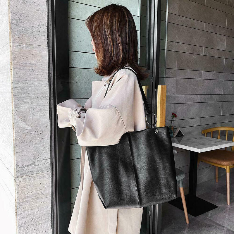 Women Leather Shoulder Crossbody Bag Large Capacity Travel Handbag (Black)